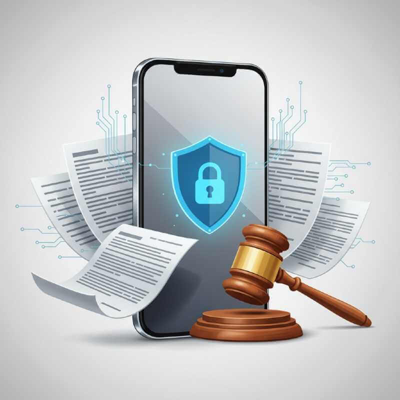Illustration of an iPhone with privacy and legal icons symbolizing Apple policy and legal changes