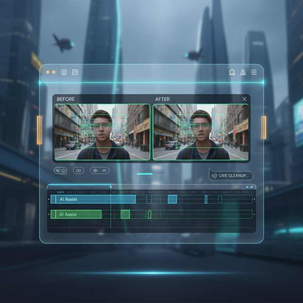 Future-focused illustration of AI-assisted video editing removing overlays in real time.