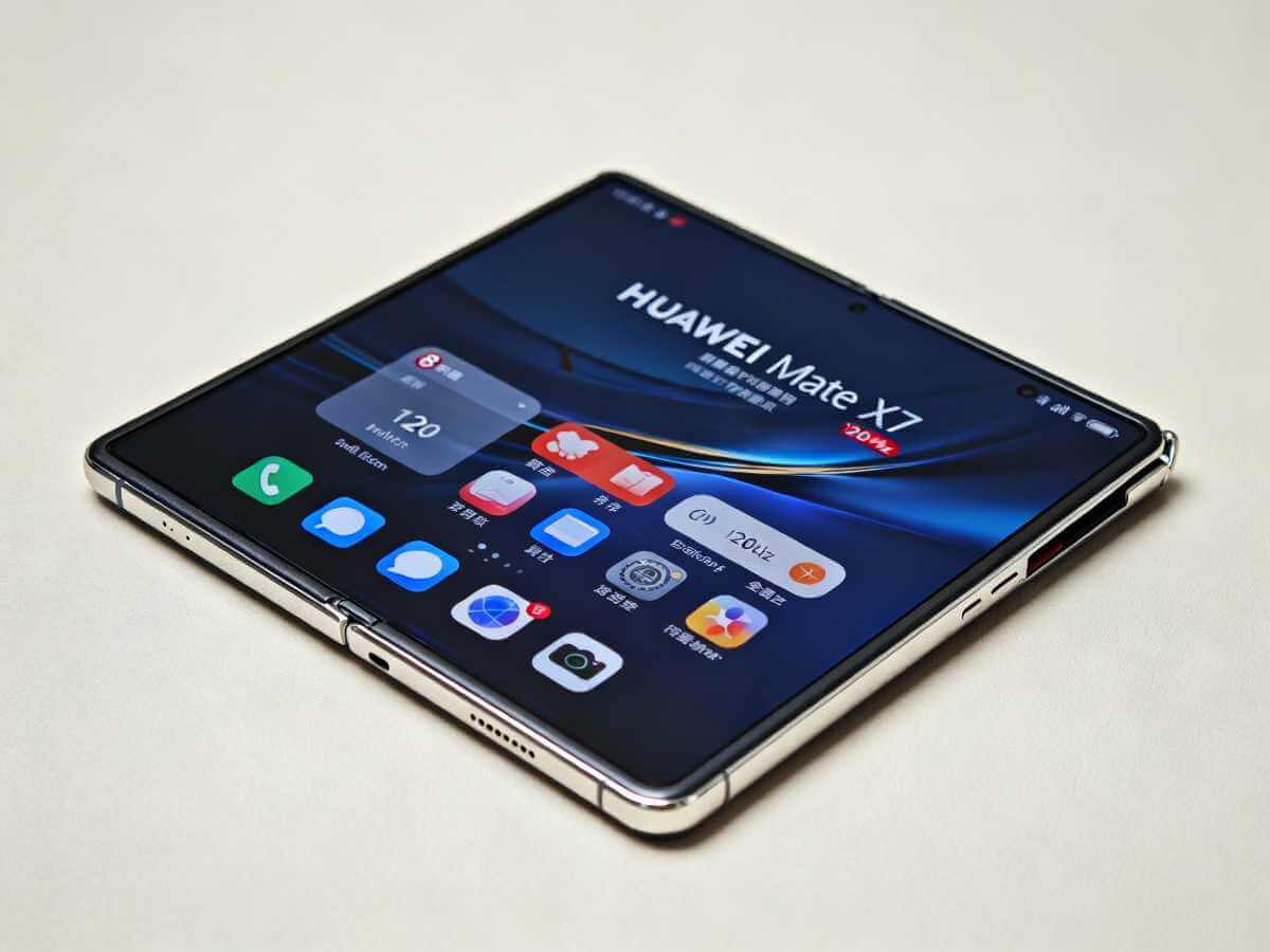 Huawei Mate X7 premium foldable smartphone displaying 8-inch OLED screen in unfolded position with metallic frame design