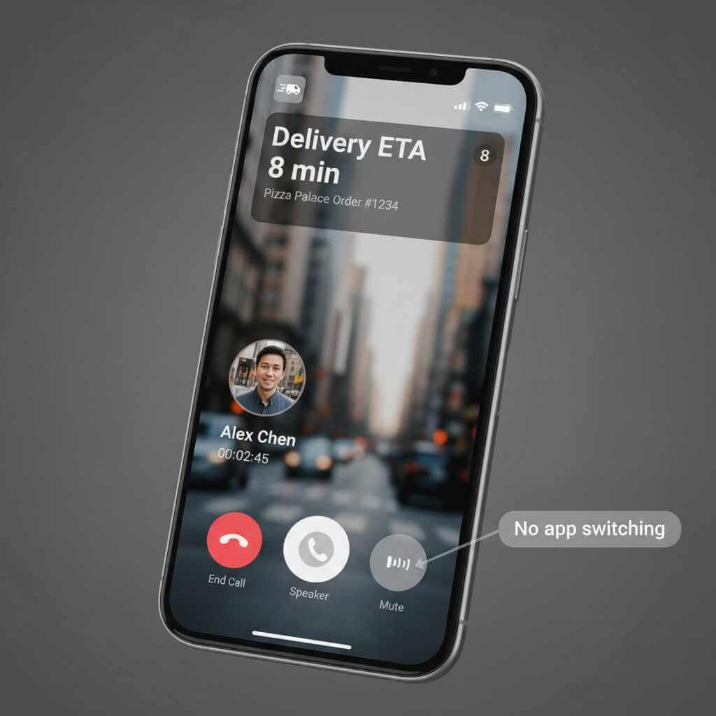 Call in progress with HyperOS Super Island showing delivery ETA without switching apps.