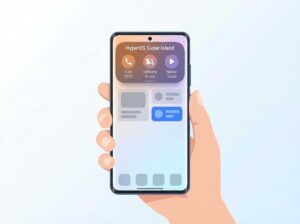 Hero graphic showing HyperOS Super Island displaying call time, delivery ETA, and music playback at the top of a phone screen.
