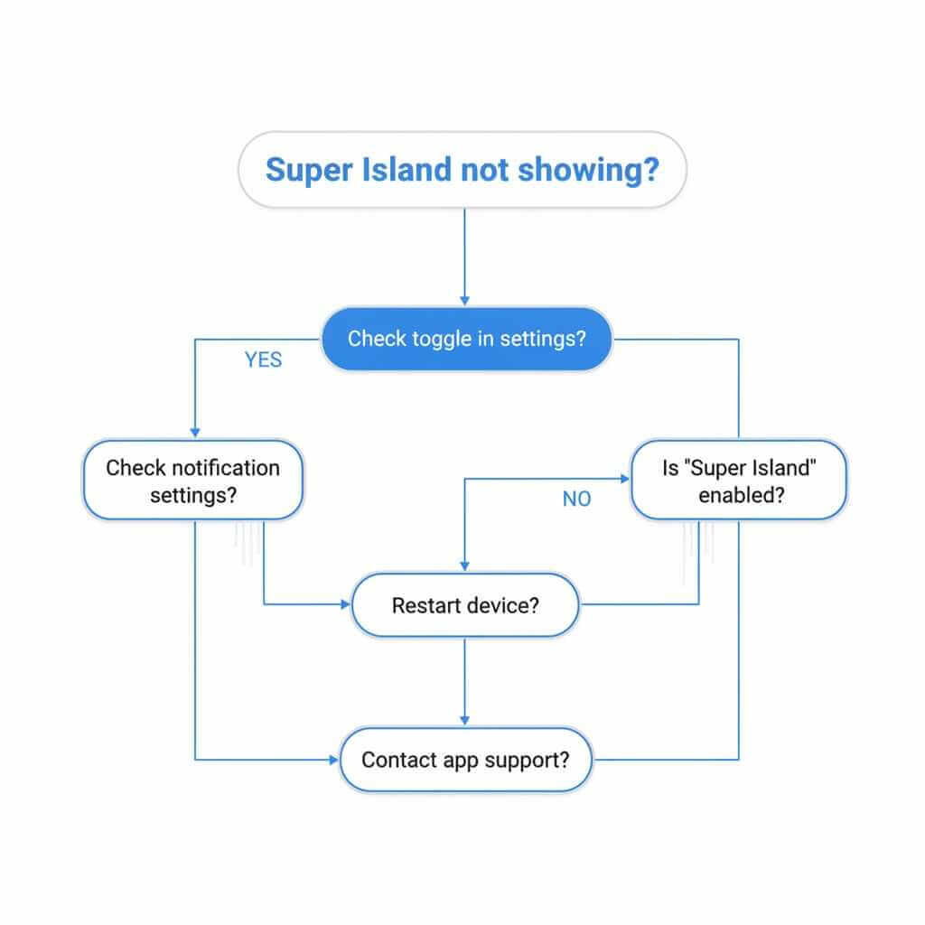 Troubleshooting flowchart for when HyperOS Super Island is not appearing.
