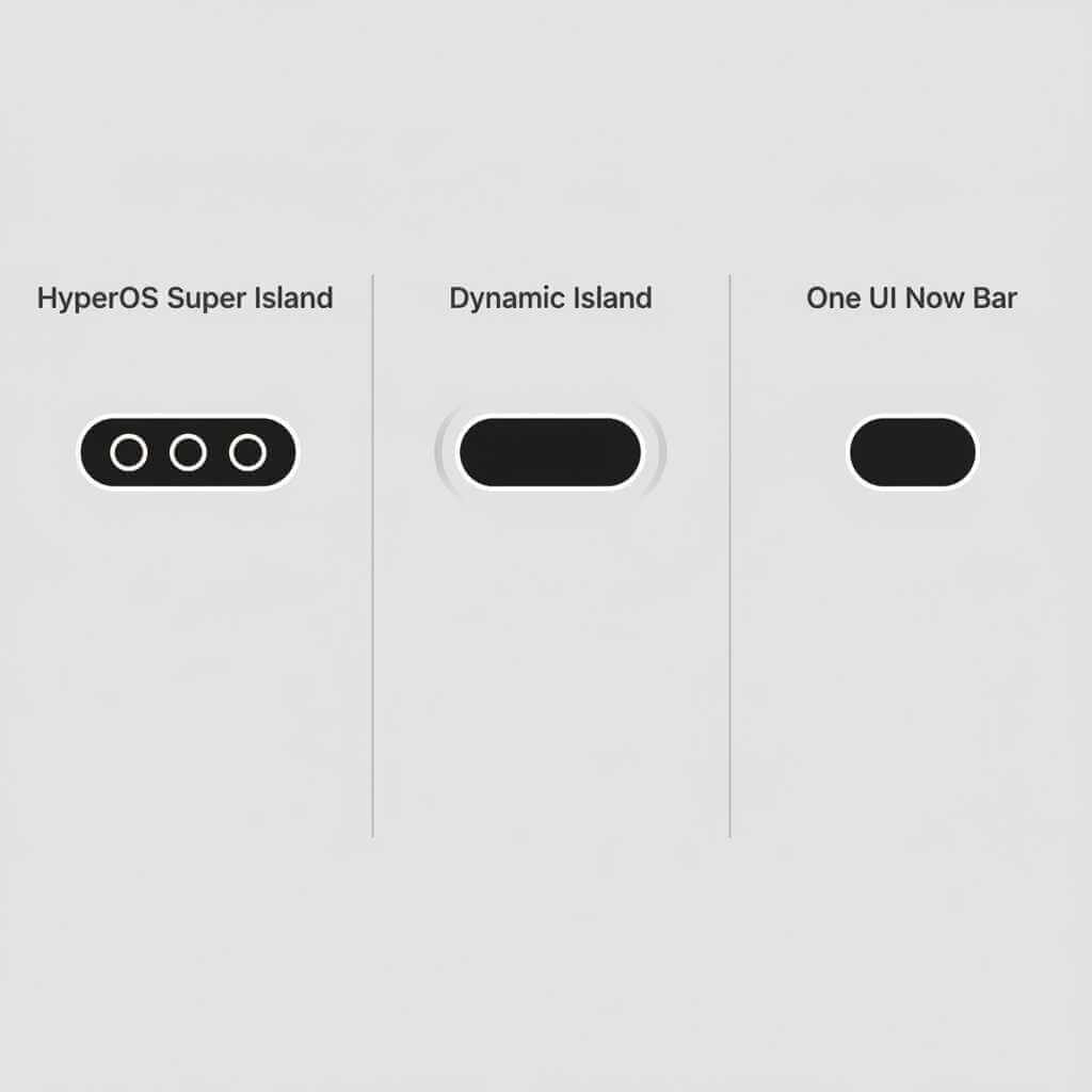 Comparison graphic showing HyperOS Super Island versus Dynamic Island versus One UI Now Bar layout differences..