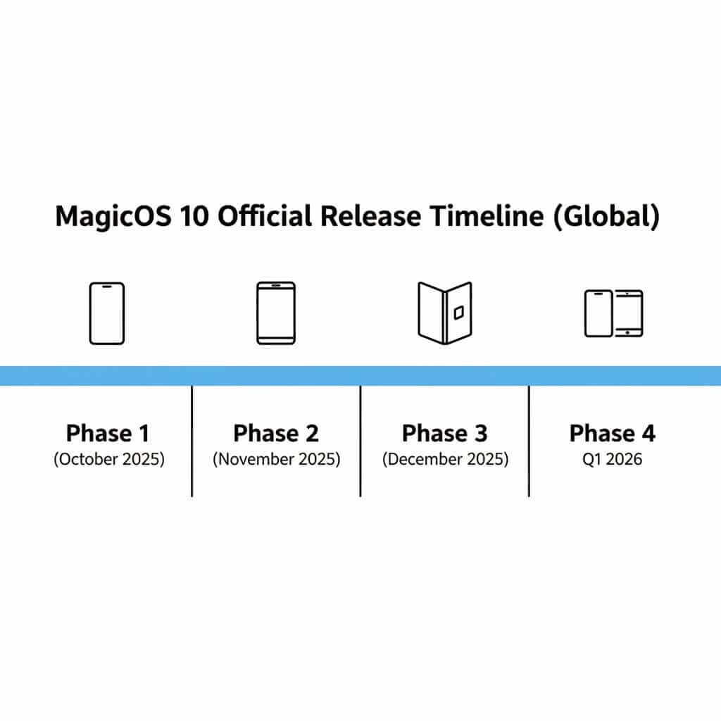 MagicOS 10 phased rollout timeline showing Phase 1 Oct 2025 through Phase 4 Q1 2026.