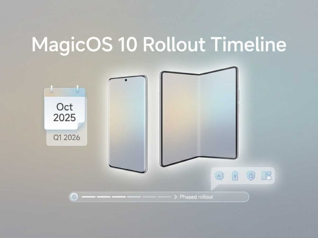 MagicOS 10 rollout timeline illustration showing phones, calendar phases, and update progress.