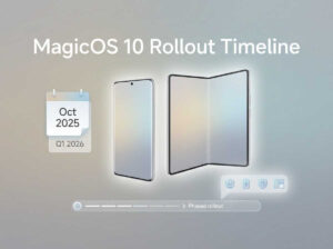 MagicOS 10 rollout timeline illustration showing phones, calendar phases, and update progress.