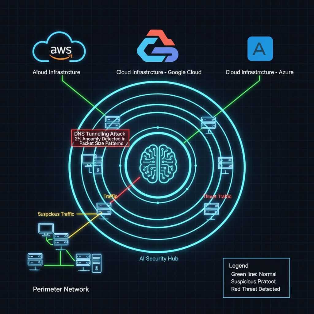 Network traffic analysis diagram: Corporate network infrastructure with workstations, servers, and cloud services monitored by central AI security hub detecting red anomalous DNS tunneling attack representing 2% pattern anomaly