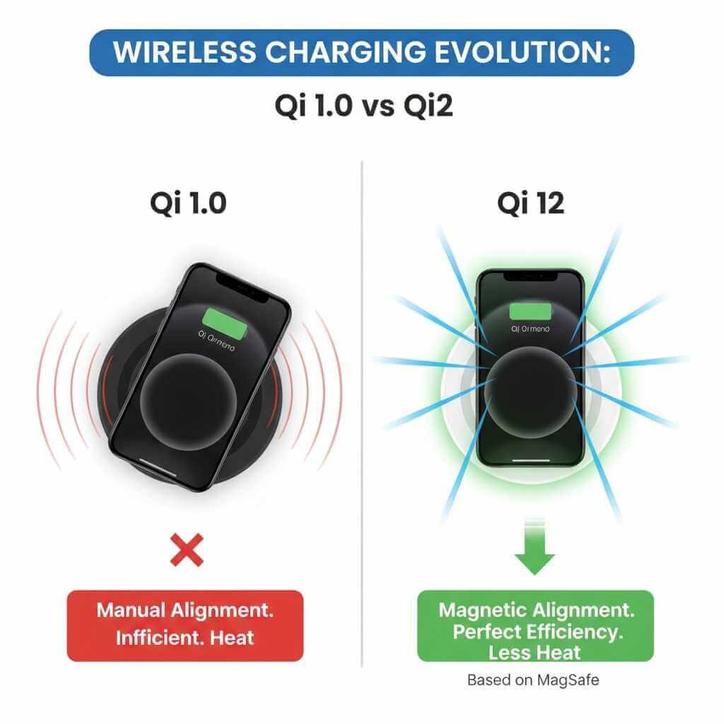 Detailed comparison of Qi 1.0 and Qi2 wireless charging standards with features and specifications