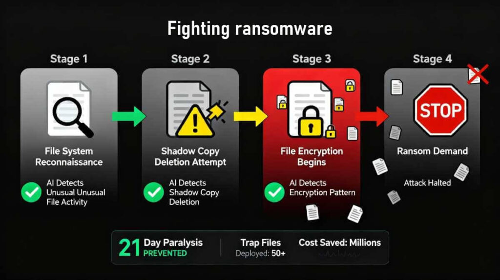 Ransomware attack timeline with AI detection stages: reconnaissance detection, shadow copy deletion detection, encryption pattern detection with trap files deployed preventing attack escalation and 21-day business paralysis