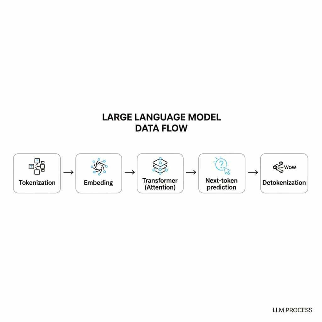 Diagram of the AI chatbot text-generation pipeline from tokenization to detokenization.