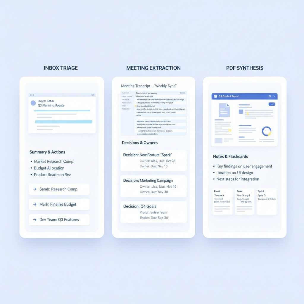 Three-panel visual of mobile AI workflows: inbox triage, meeting extraction, and PDF synthesis.