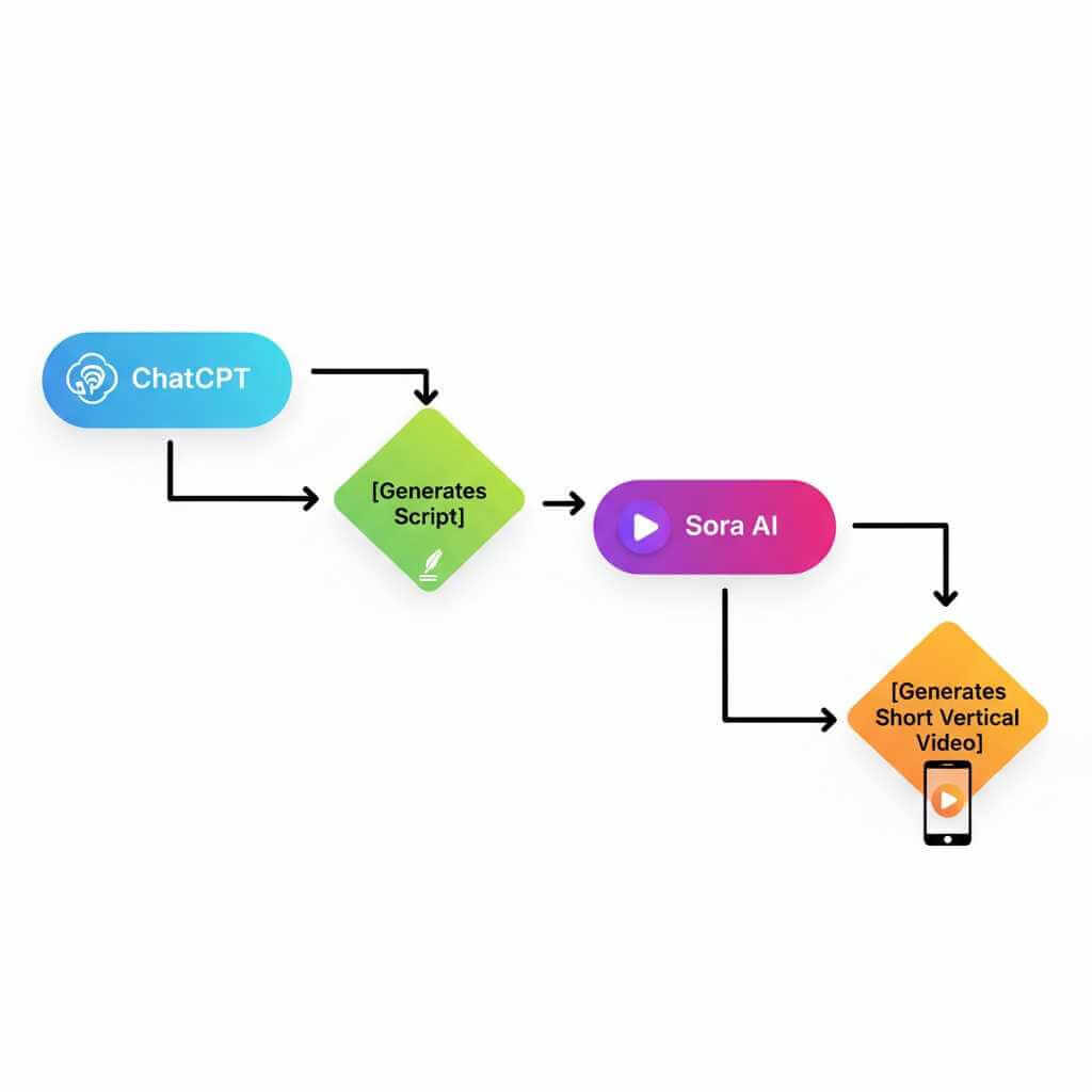 Workflow diagram showing ChatGPT writing a script and Sora AI turning it into a short video