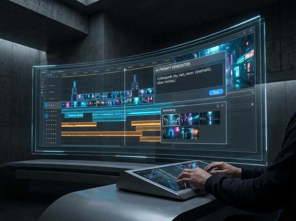 Illustration of Sora AI generating short cinematic videos from a text prompt on a modern interface