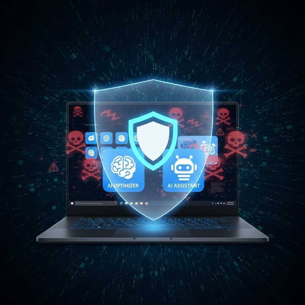 Cybersecurity illustration showing a Windows 11 laptop shielded from malware hidden in fake AI optimizer and AI assistant apps.
