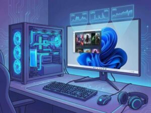 Windows 11 gaming PC with AI performance graphs and neon lighting on a desktop setup.