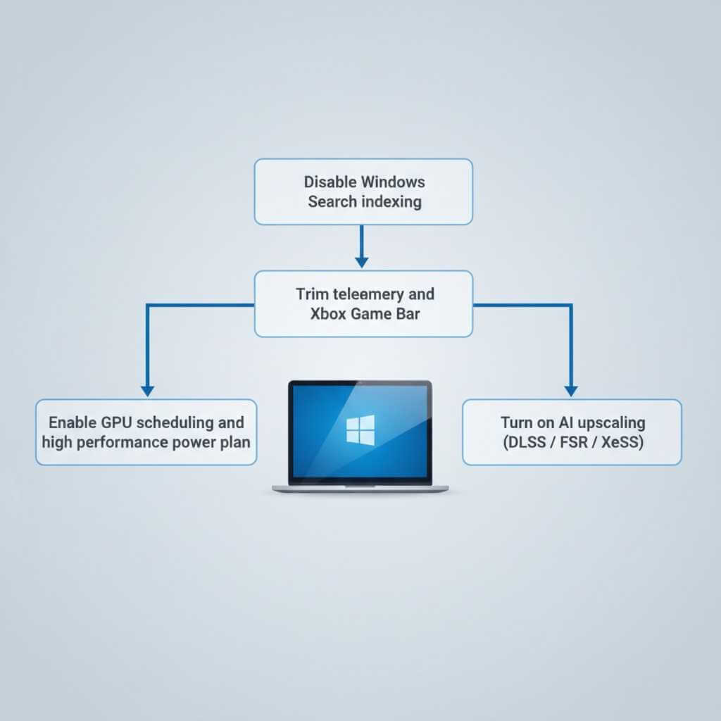 Flowchart of key Windows 11 optimization steps: disable indexing, trim telemetry and Xbox Game Bar, enable GPU scheduling, and turn on AI upscaling.