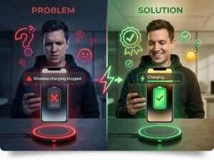 Split-screen comparison showing frustrated smartphone user unable to charge on left side, and happy user successfully charging phone wirelessly on right side