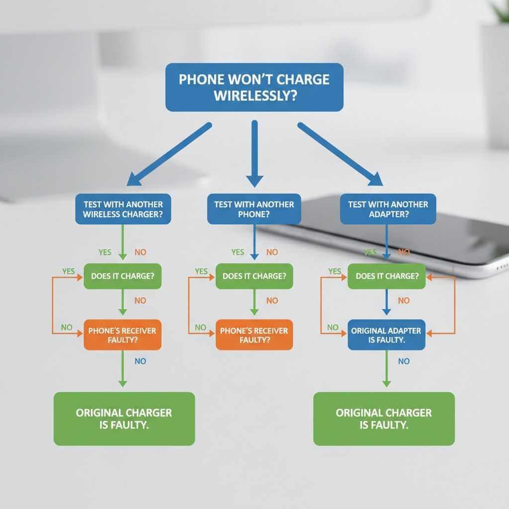 Step-by-step flowchart for diagnosing wireless charging problems by testing different components