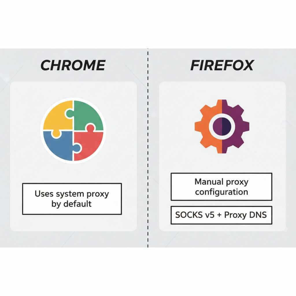 Graphic comparing Chrome proxy setup (extension/system proxy) vs Firefox built-in proxy settings.