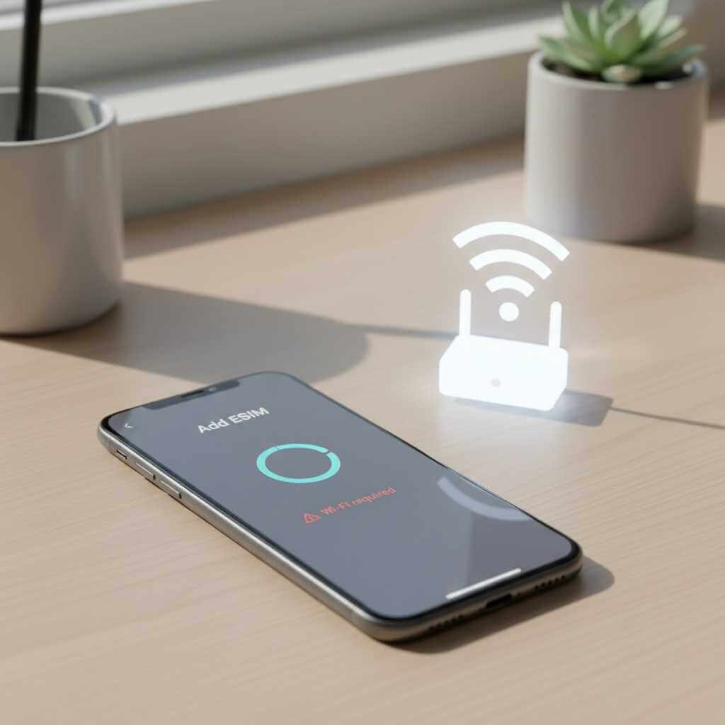 Phone eSIM setup screen showing Wi‑Fi required for activation