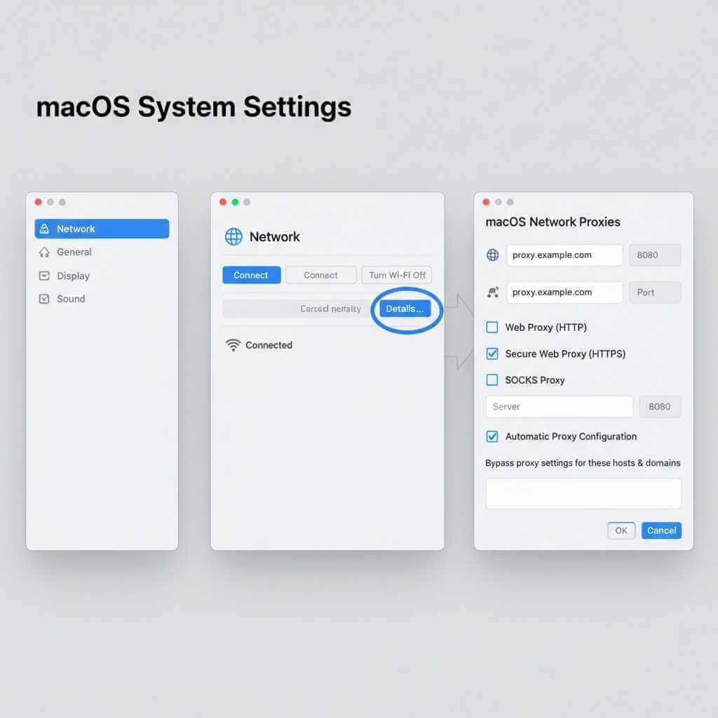 Mockup of macOS proxy settings showing Web Proxy (HTTP), Secure Web Proxy (HTTPS), and SOCKS Proxy options.