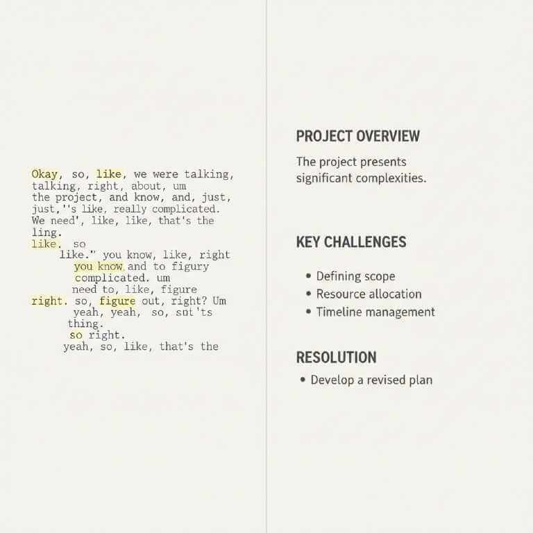 Before-and-after example of transcript text edited into polished, professional content.