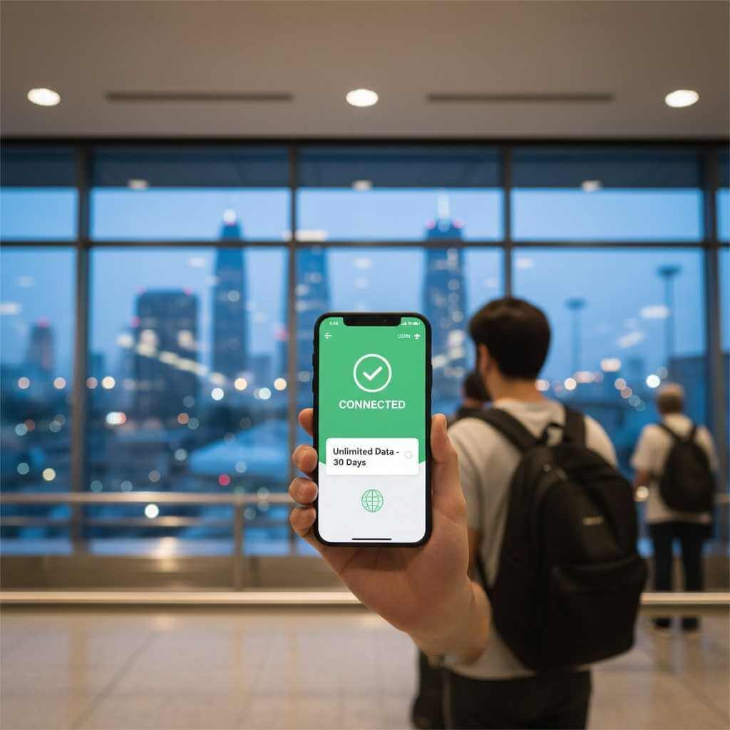 Traveler using an eSIM data plan on a phone
