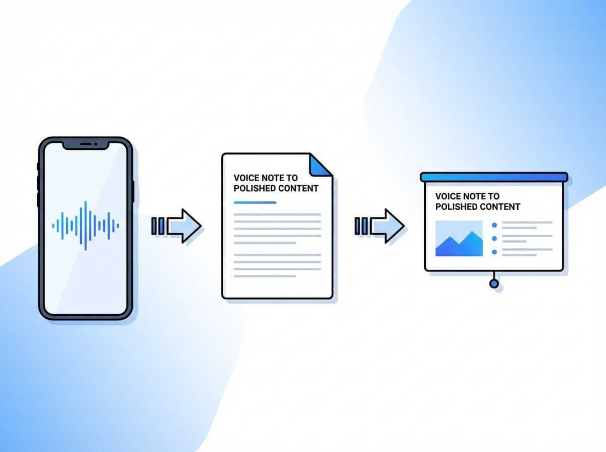 Voice notes to content workflow showing phone recording, transcript text, and finished presentation slide.
