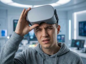 VR user adjusting headset to fix blurry vision and dizziness.