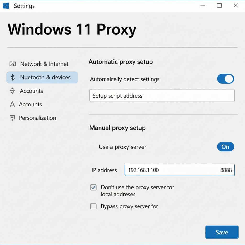 Mockup of Windows 11 proxy settings showing Automatic proxy setup and Manual proxy setup.
