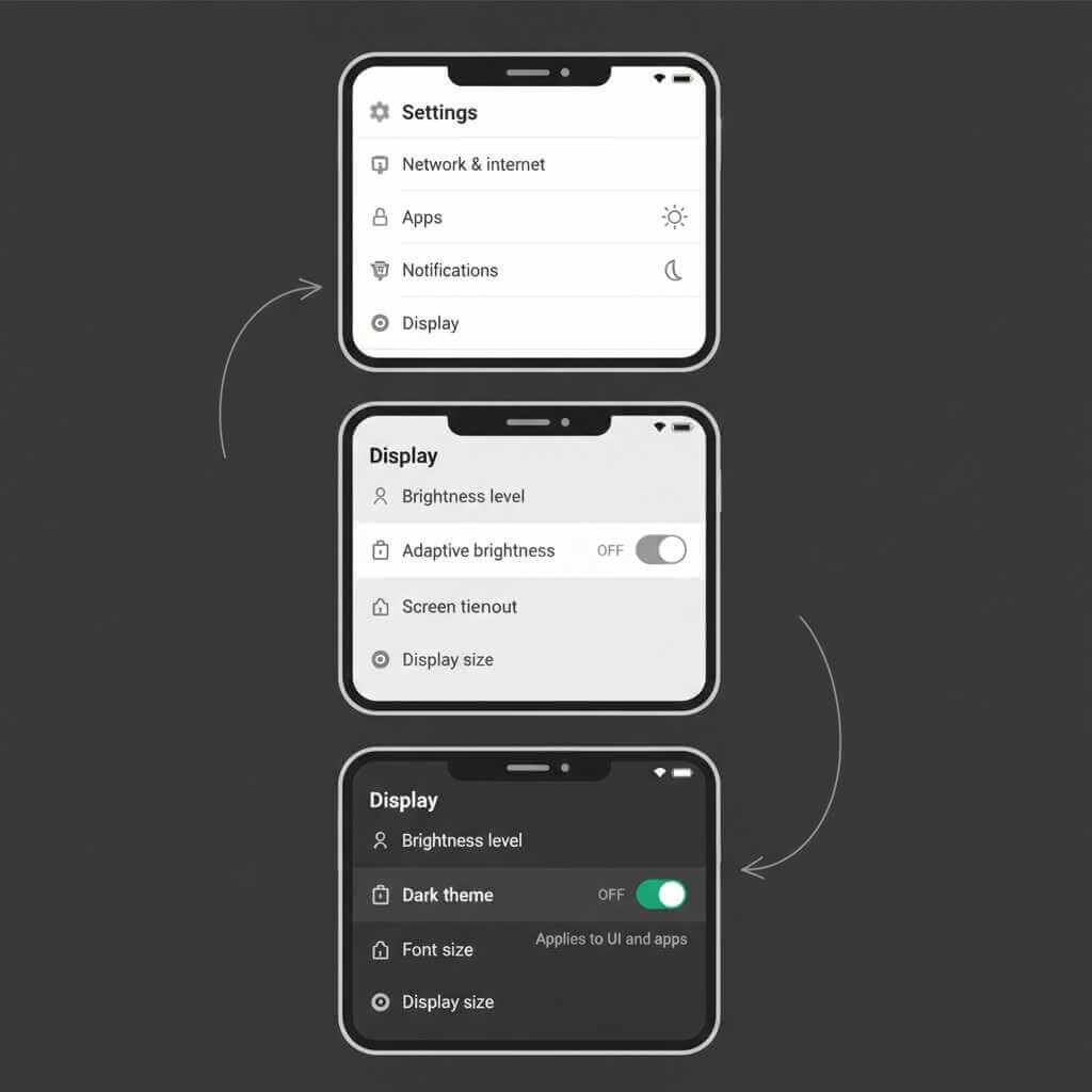 Clean UI-style illustration (not a screenshot) showing an Android Settings flow: Settings → Display → Dark theme toggle ON, simple mock phone screen frames, dark background, readable generic labels only, no OEM branding, 9:16 vertical