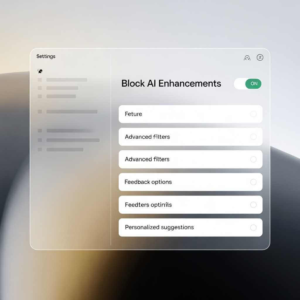 Mock settings page showing AI Controls with a master ‘Block AI enhancements’ toggle and per-feature dropdowns.