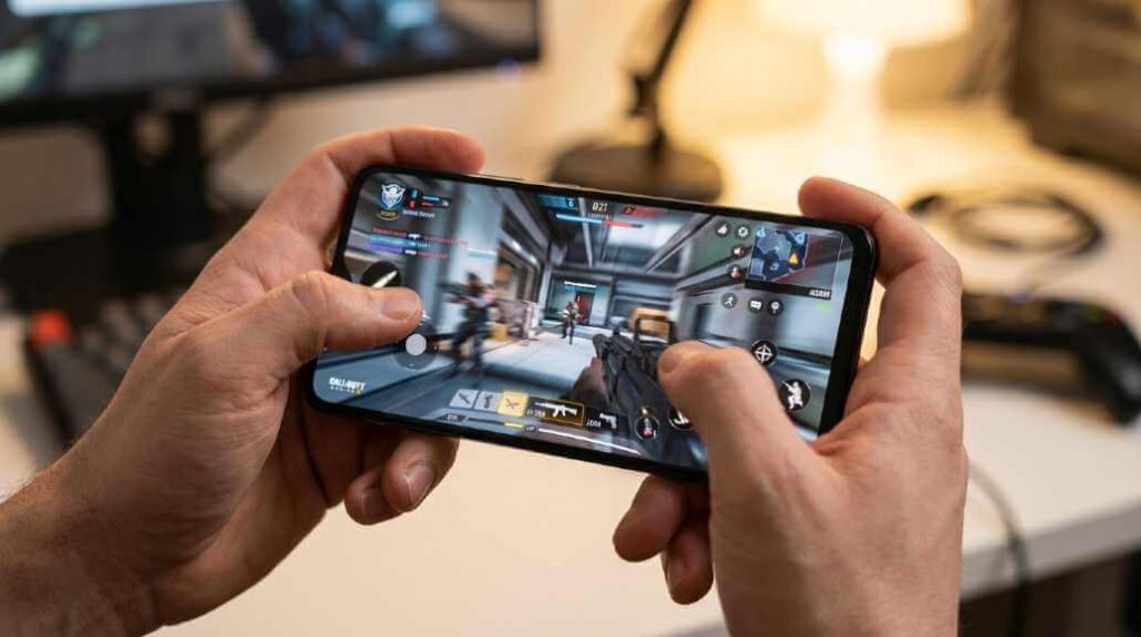 Android gamer holding phone in landscape mode playing an FPS to reduce input lag