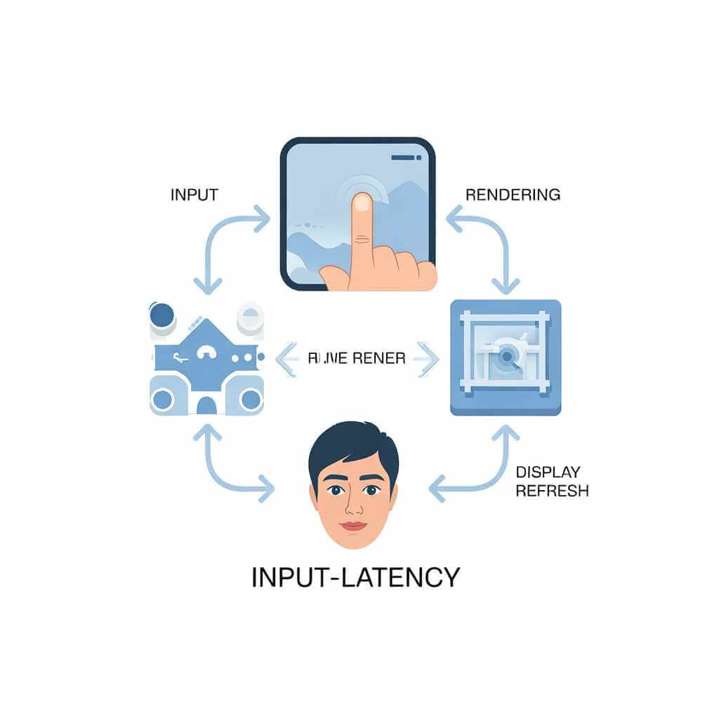 Diagram showing the input latency chain from touch to display in Android FPS games