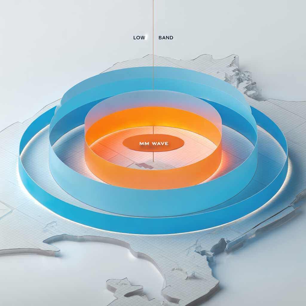 Diagram comparing low-band, mid-band, and mmWave 5G coverage