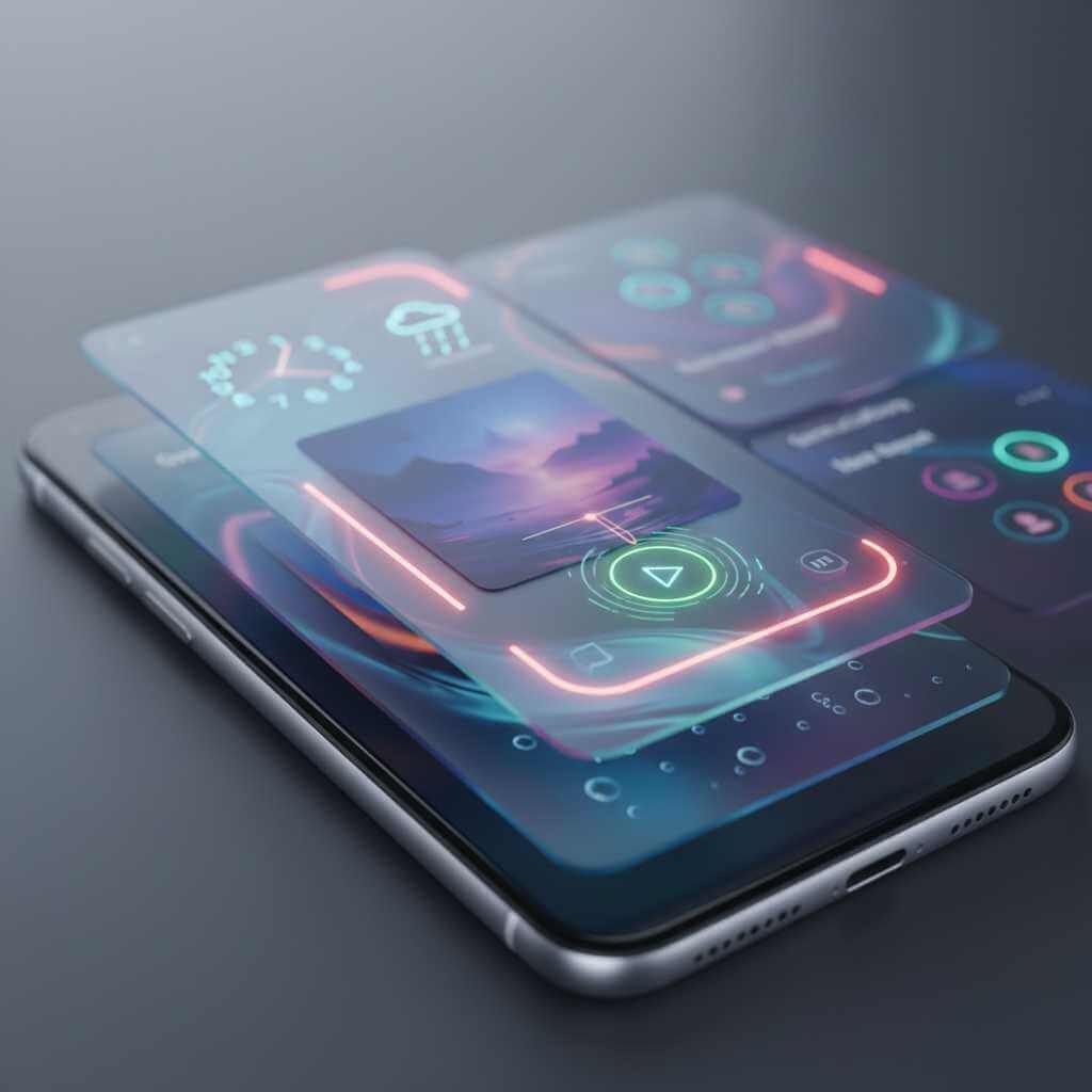 Glass-like layered UI concept with translucent cards and depth
