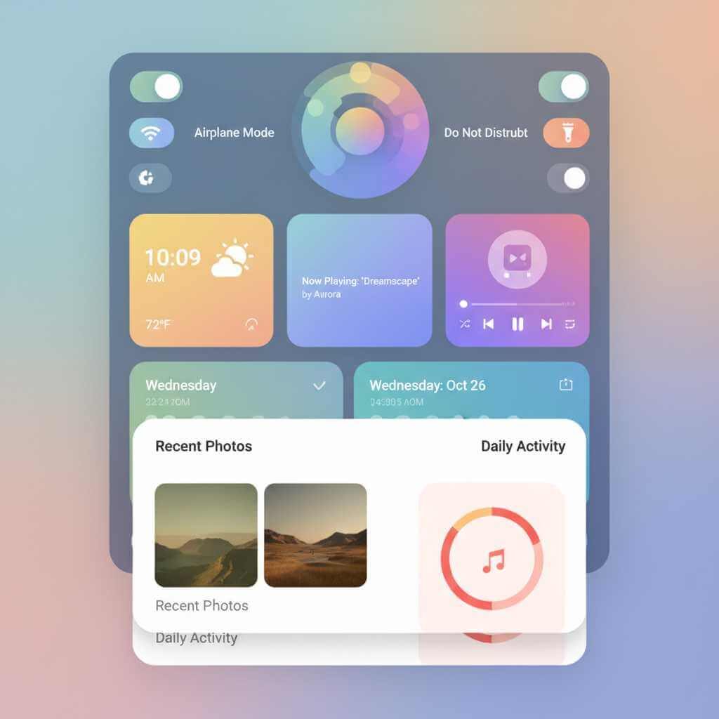 Material-inspired Android UI with themeable cards and quick settings