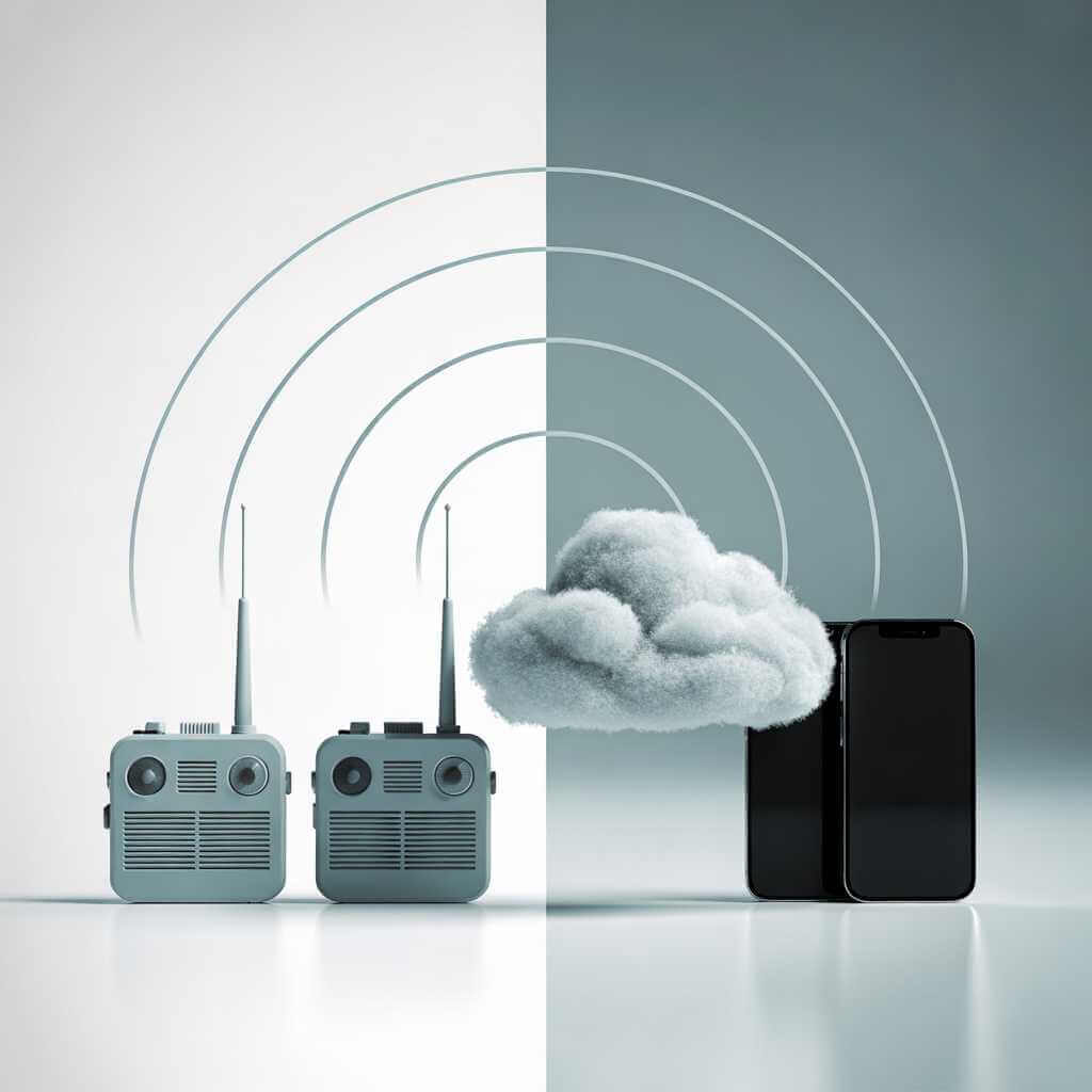 Illustration comparing direct two-way radio communication with phone push-to-talk over a network.