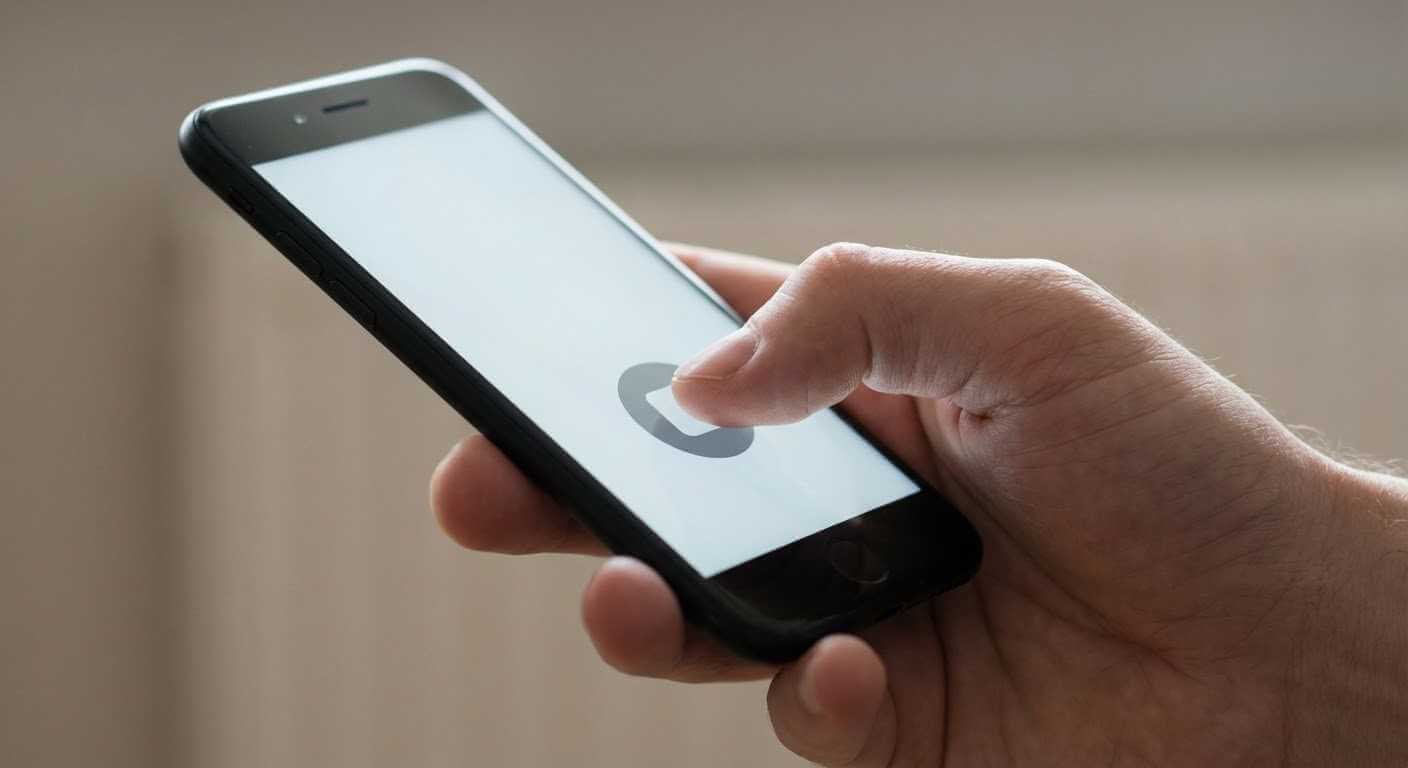 Hand holding a smartphone using a push-to-talk button in a walkie-talkie style app.