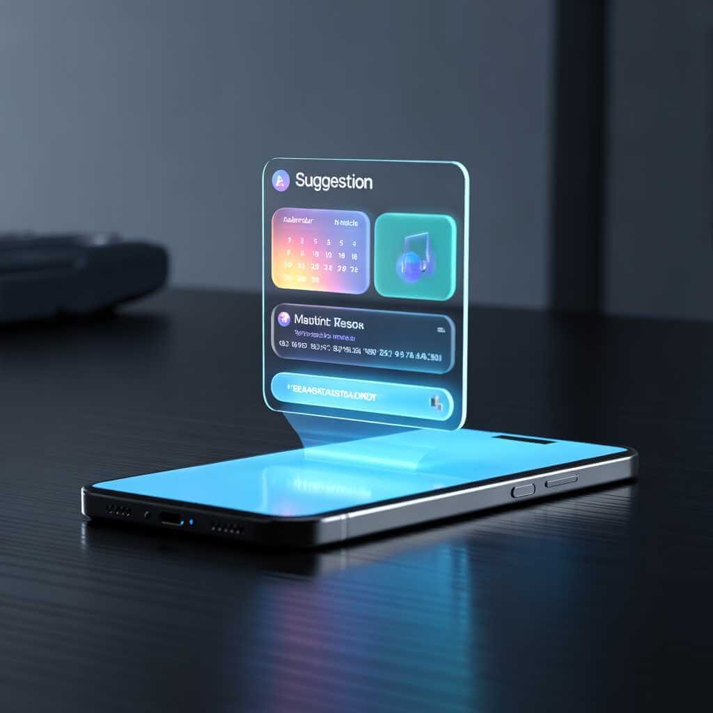 Smartphone adaptive AI interface showing contextual suggestions for calendar, music and translation