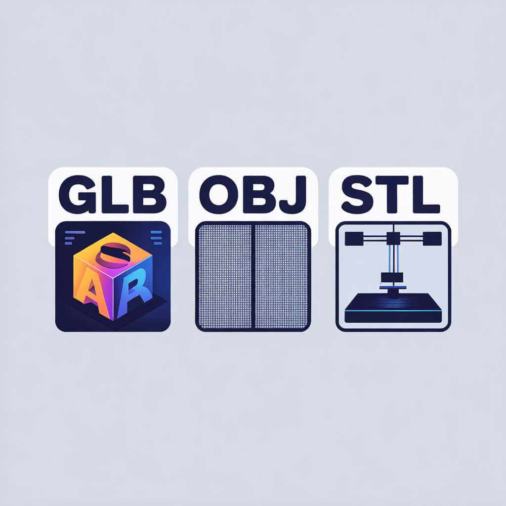 Icons representing GLB, OBJ, and STL export formats.