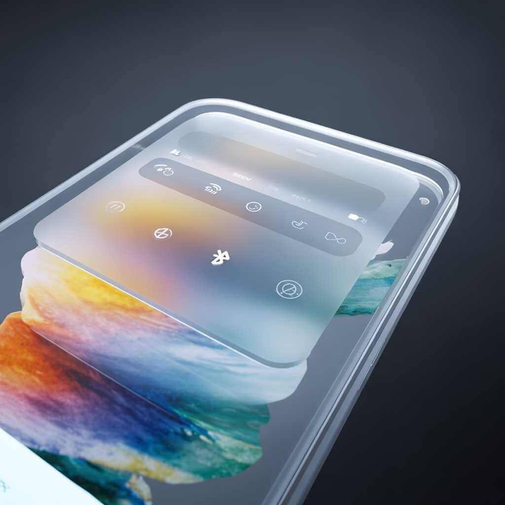 iOS 26 Liquid Glass Control Center with translucent frosted panels over a colorful wallpaper