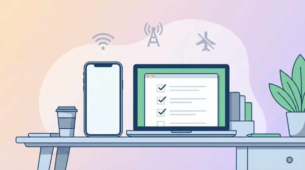 Mobile app testing checklist hero illustration with phone, laptop, and network icons