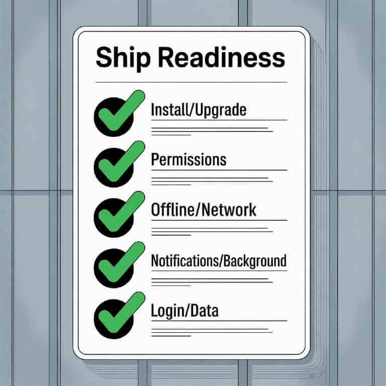Ship-readiness checklist summary for mobile app testing