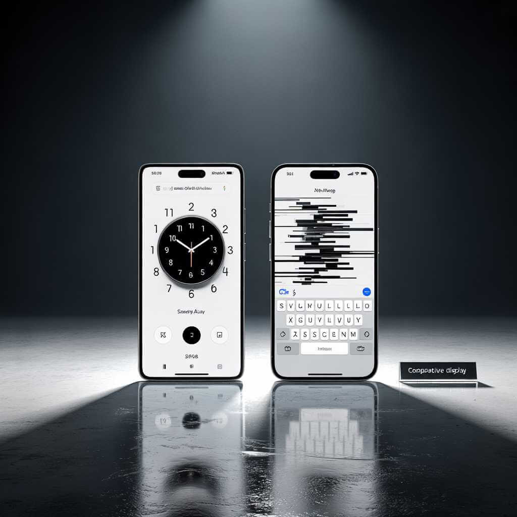 Samsung Galaxy S24 Ultra and iPhone 15 Pro side by side showing app bugs and UI glitches during smartphone testing