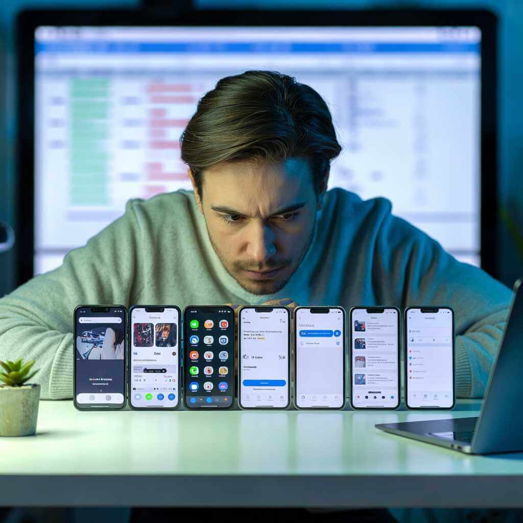 QA engineer running smartphone testing across multiple Android and iOS real devices on a lab desk
