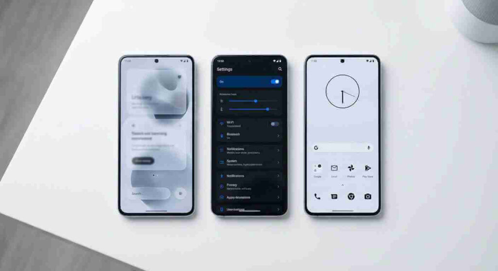 Three smartphones showing different mobile UI design styles in 2026