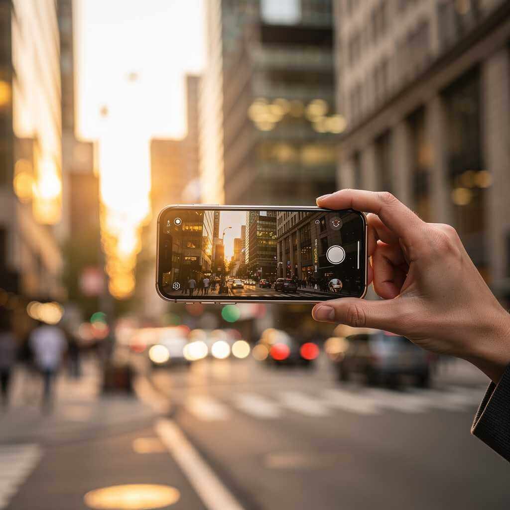 Person using the iPhone 16 camera at sunset in a city street