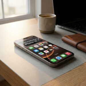 iPhone 16 on a clean desk setup for a 2026 review article
