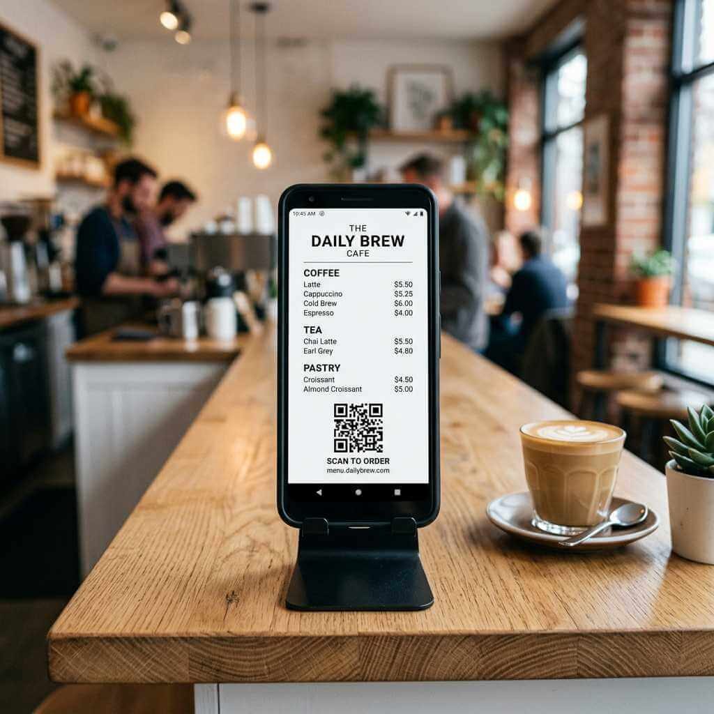 old Android phone signage used as digital menu display in cafe